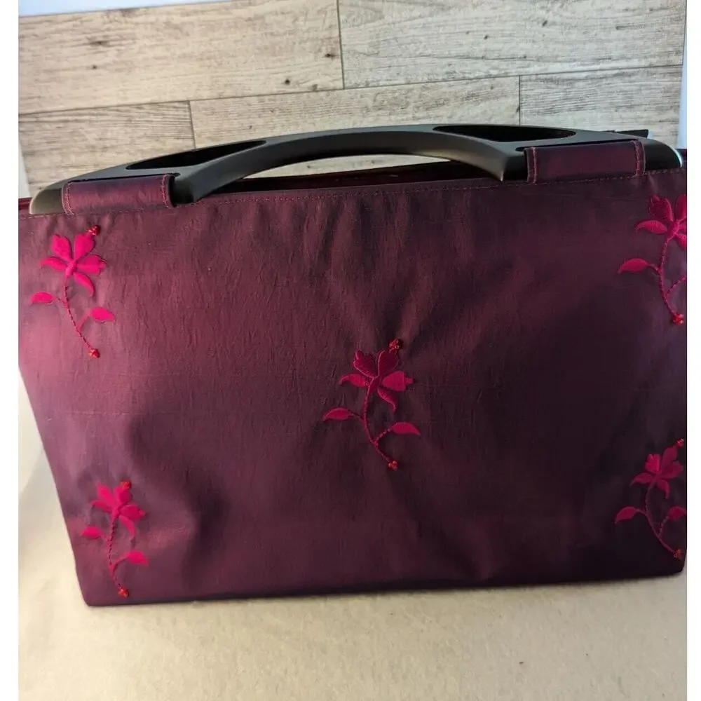 Purse Embroidered Taffeta Plum/ Red/ Wine Wood Handles made in Thailand 14x8x4+